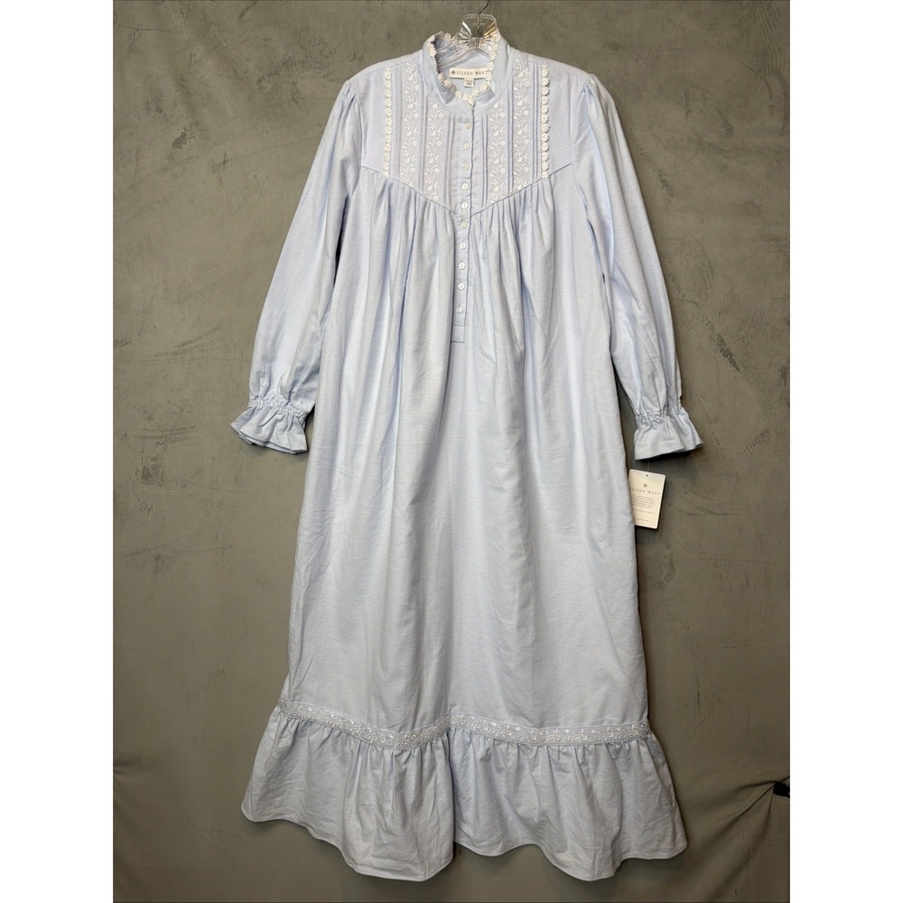Eileen West Nightgown Womens XS Blue 100% Cotton Embroidered Lace NWT Flaw